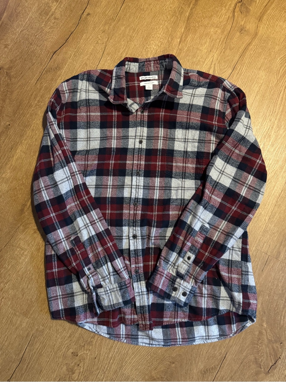 Amazon Essentials Red Navy Gray Plaid Button-Down Shirt